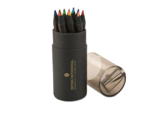 Tube noir de 12 crayons de couleur avec taille-crayons